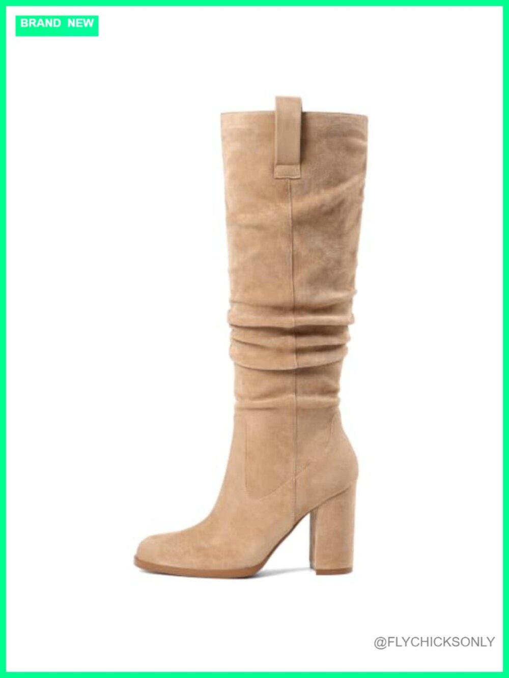 Faux Suede Knee High Boots Slouch Block Heel Side Zip